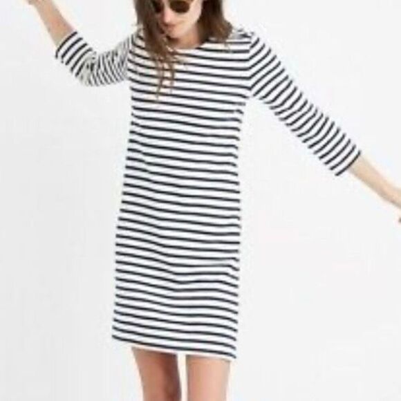 Madewell Dresses & Skirts - MADEWELL | Horizontal Stripe Knit Shirt Dress Blue Cream 3/4 Sleeve | Size Large